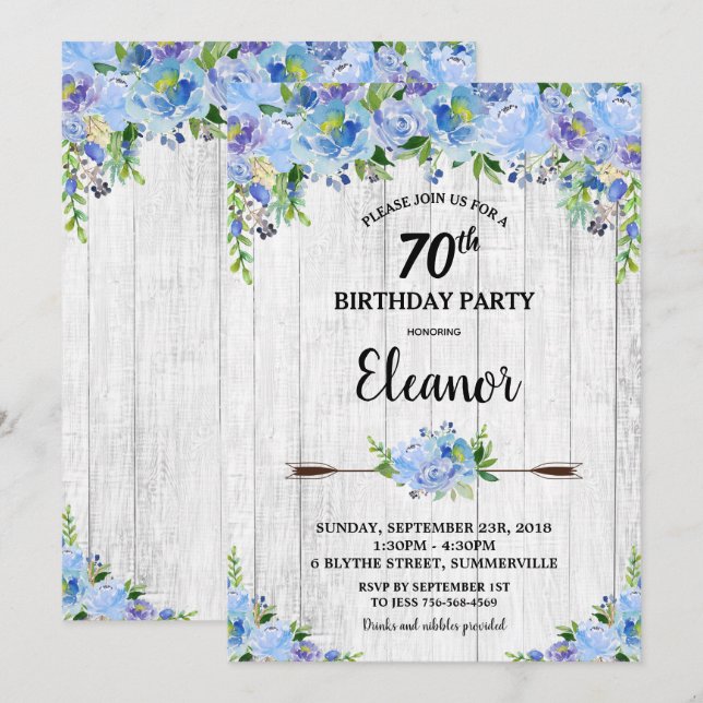 Rustic Söt Blue Blommigt Flowers 70:e födelsedagen Inbjudningar (Fram/baksida)
