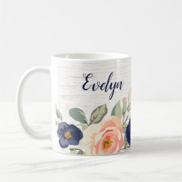 Rustic Söt Navy Blue, Peach Blommigt Personlig Kaffemugg
