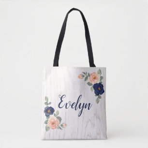 Rustic Söt Navy Blue, Peach Blommigt Personlig Tygkasse