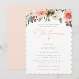 Rustic Söt Peach Blommigt Girl Christening Party Inbjudningar