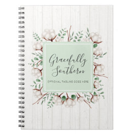 Rustic Southern Cotton Flowers on White Barn Wood Anteckningsbok Med Spiral