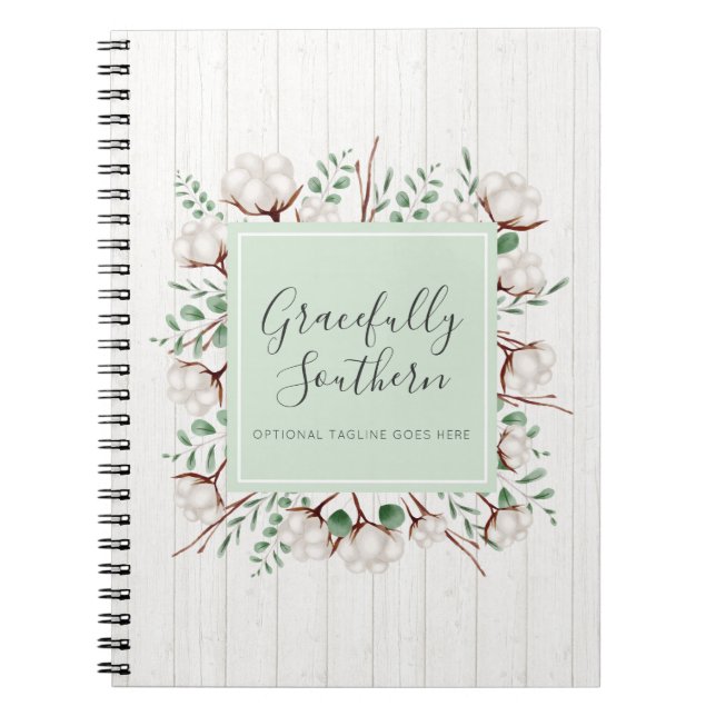 Rustic Southern Cotton Flowers on White Barn Wood Anteckningsbok Med Spiral (Framsidan)