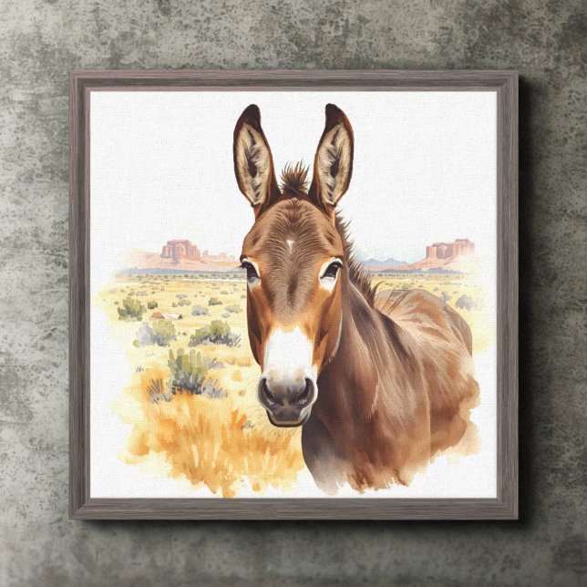 Rustic Southwest Donkey Desert Canvastryck (Watercolor donkey wall art canvas print with frame)