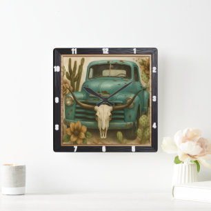 Rustic Southwest Lastbil Skull Fyrkantig Klocka