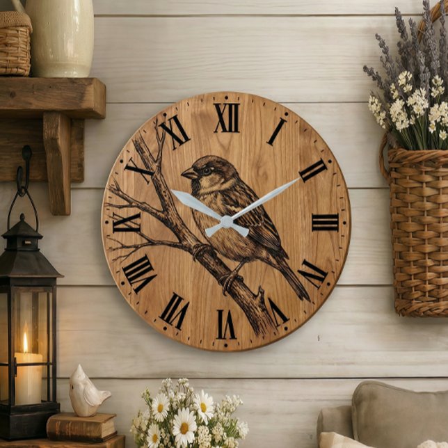 Rustic Sparrow on Branch Wall Clock Stor Klocka (Skapare uppladdad)