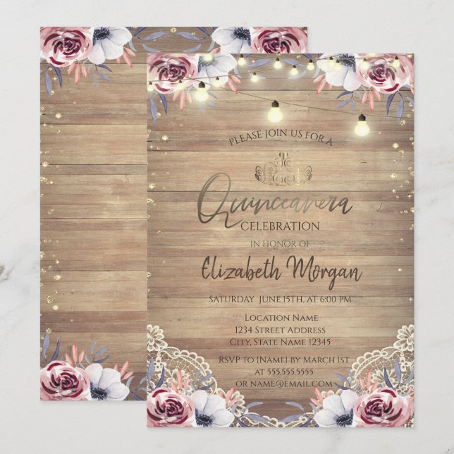 Rustic Spets, Tiara, Ljus, Trärosor Quinceañera Inbjudningar (Fram/baksida)