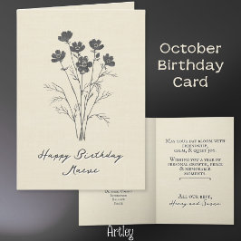 Rustic Stamped Cosmos Oktos Birth Flower Linen Kort