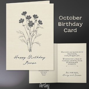 Rustic Stamped Cosmos Oktos Birth Flower Linen Kort
