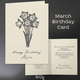 Rustic Stamped Daffodil March Birth Flower Linen Kort