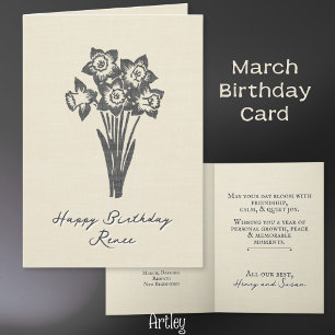 Rustic Stamped Daffodil March Birth Flower Linen Kort