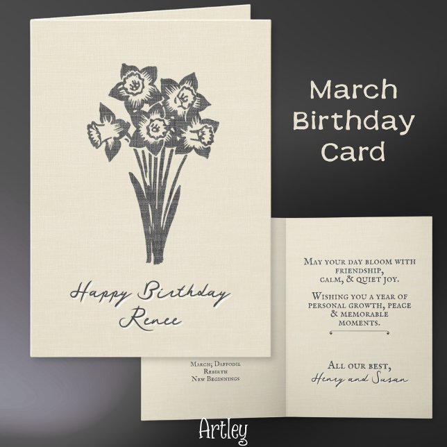Rustic Stamped Daffodil March Birth Flower Linen Kort (Skapare uppladdad)