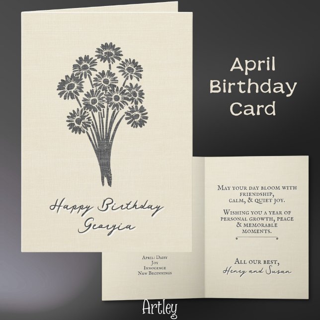 Rustic Stamped Daisy April Birth Flower Linen Kort (Skapare uppladdad)