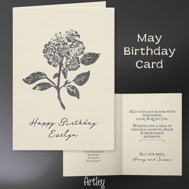 Rustic Stamped Hawthorn May Birth Flower Linen Kort (Skapare uppladdad)
