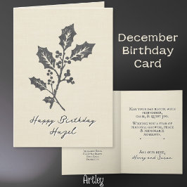 Rustic Stamped Holly December Birth Flower Linen Kort