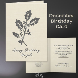 Rustic Stamped Holly December Birth Flower Linen Kort