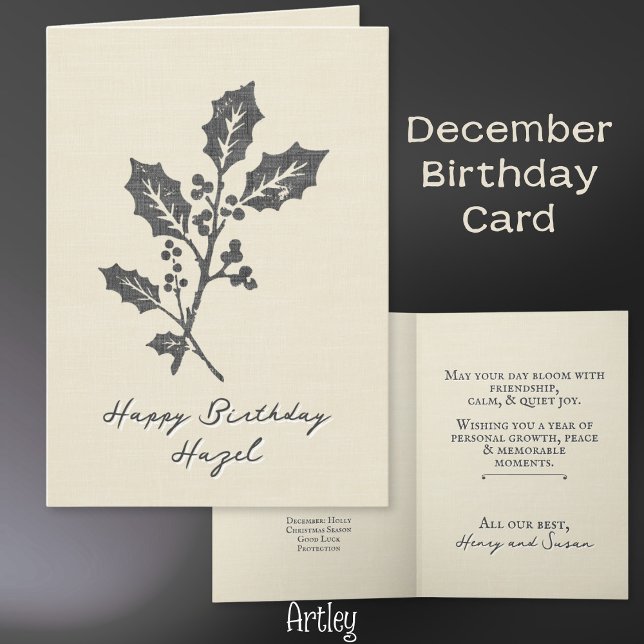 Rustic Stamped Holly December Birth Flower Linen Kort (Skapare uppladdad)