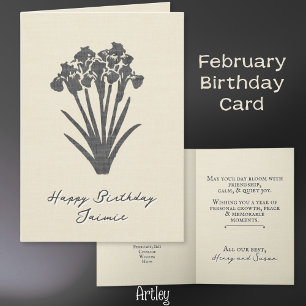 Rustic Stamped Iris februari Birth Flower Linen Kort