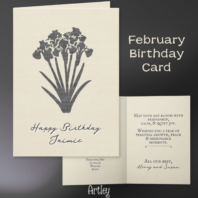 Rustic Stamped Iris februari Birth Flower Linen Kort (Skapare uppladdad)