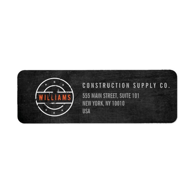 Rustic Stamped Logotyp på Black Wood Construction Returadress Etikett (Framsidan)