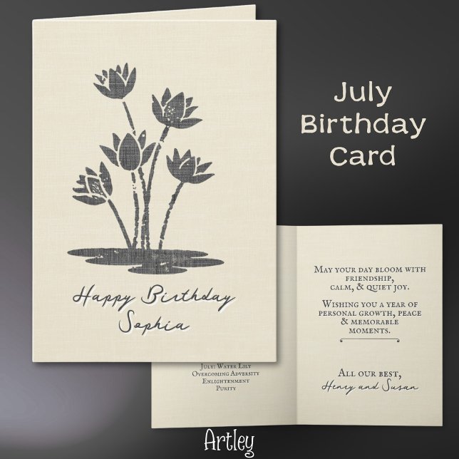 Rustic Stamped Vatten Lily juli Birth Flower Linen Kort (Skapare uppladdad)