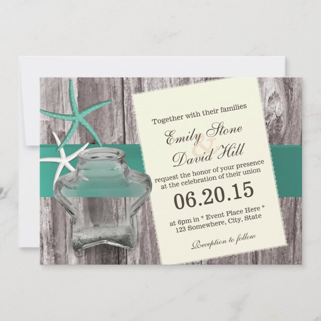 Rustic Starfish & Mason Burk Beach Wedding Inbjudningar (Framsida)
