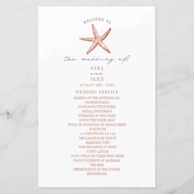 Rustic Starfish Red & Blue Beach Wedding Program (Framsida)