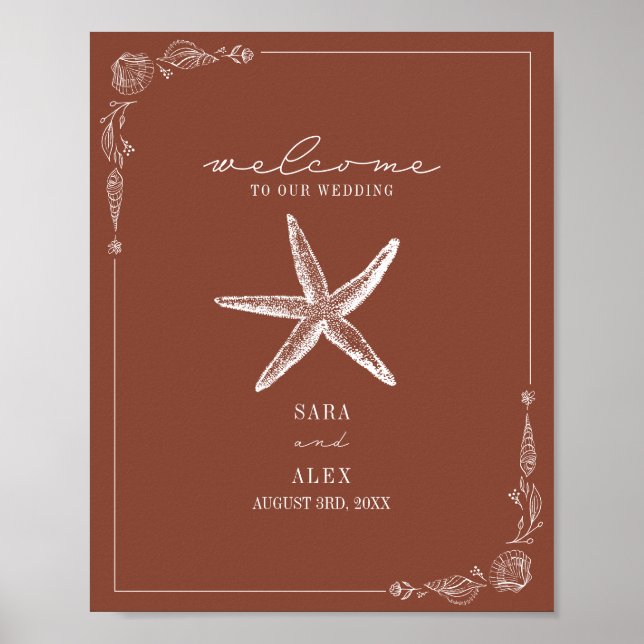 Rustic Starfish Terracotta Beach Wedding Välkommen Poster (Framsidan)