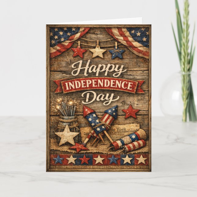 Rustic Stars Stripes Independence Day Helgkort (Framsida)