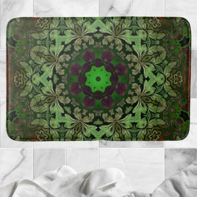 Rustic Steampunk Bohemian Forest grönt mandala Badrumsmatta (Rustic Steampunk Bohemian forest green mandala Bath Mat)