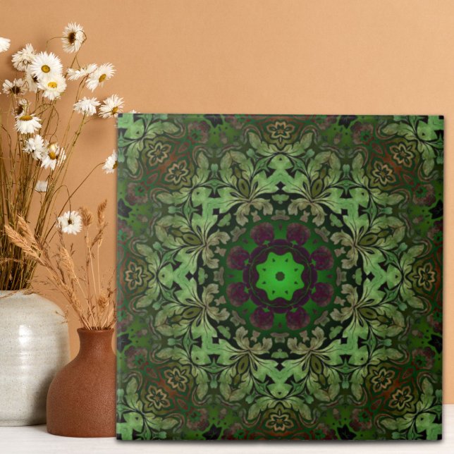 Rustic Steampunk Bohemian Forest grönt mandala Kakelplatta (Rustic Steampunk Bohemian forest green mandala Tile)