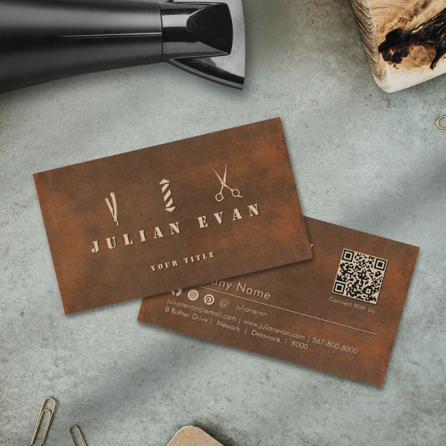 Rustic Steel Baber Scissors Pole Barbershop Visitkort (Rustic Steel Baber Scissors Pole Barbershop Business Card )