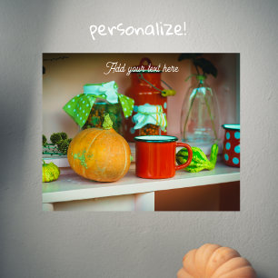 Rustic still Life med en Pumpkin och en Red Mugg Poster