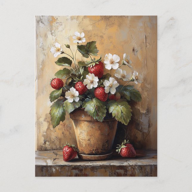 Rustic still Life Strawberry Plant i en Pot Vykort (Framsida)