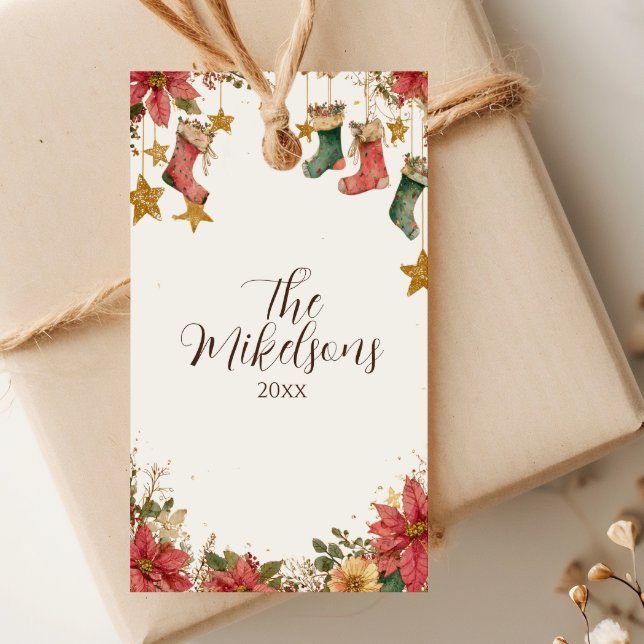 Rustic Stockings och Poinsettias jul Party Presentetikett (Skapare uppladdad)