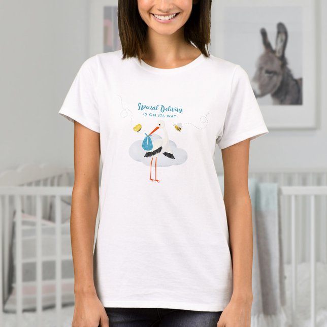 Rustic Stork med Bee & Butterfly Boy Shower T Shirt (Blue personalized tshirt for mom-to-be with stork, bee, butterfly for baby shower gift boy theme)