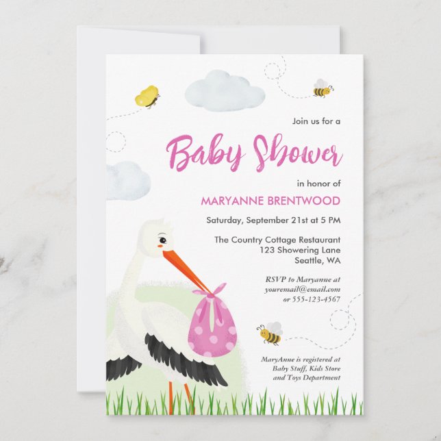 Rustic Stork med Bee & Butterfly Girl Baby Shower Inbjudningar (Framsida)