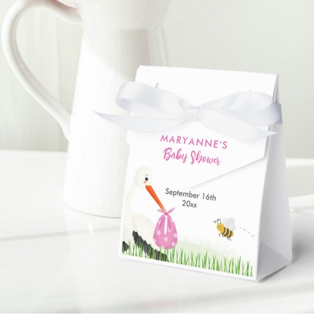 Rustic Stork med Bee & Butterfly Girl Baby Shower Presentaskar (Cute rustic stork baby shower for girl favor box with white bow.)