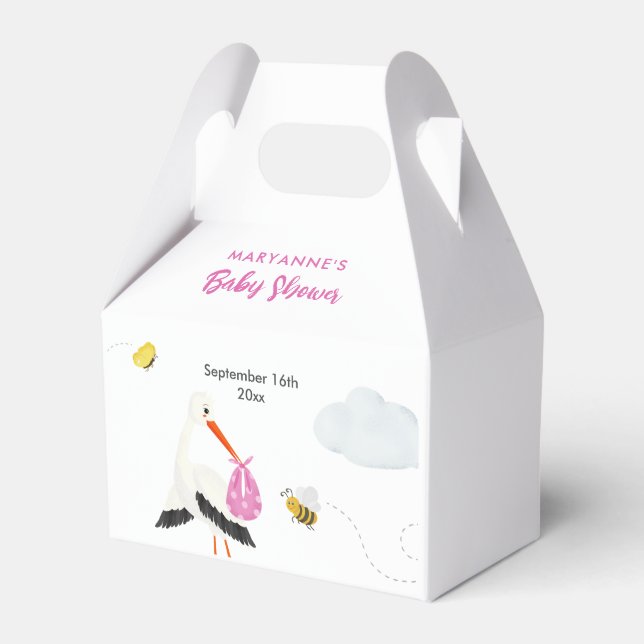Rustic Stork med Bee & Butterfly Girl Baby Shower Presentaskar (Framsidan Sidan)