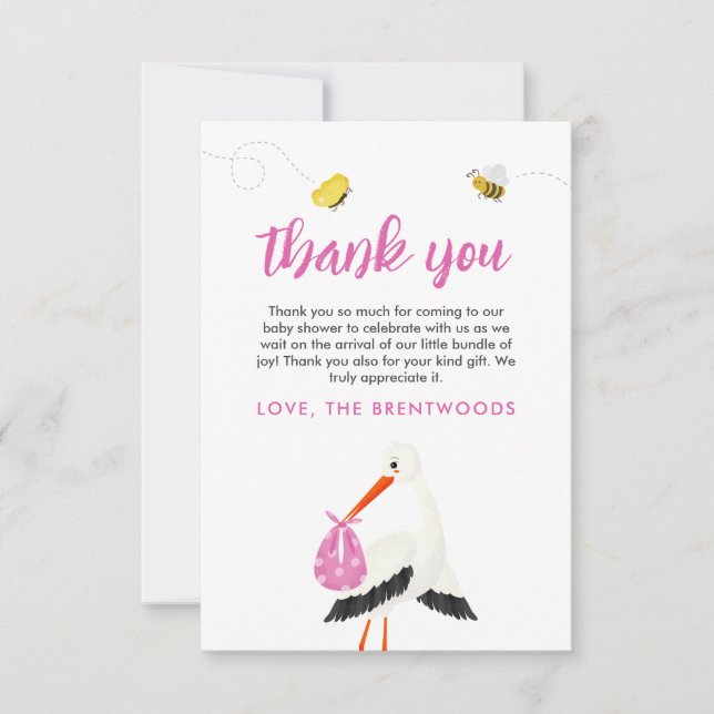Rustic Stork med Bee & Butterfly Girl Baby Shower Tack Kort (Framsida)