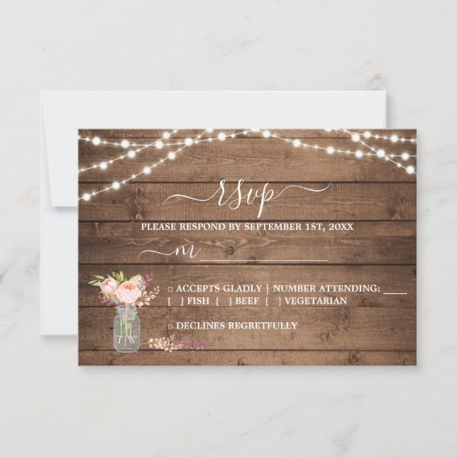 Rustic String Lights Peony Wedding RSVP OSA Kort (Framsida)