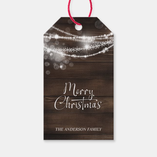 Rustic String Lights Wood Christmas Presentetikett (Framsidan)