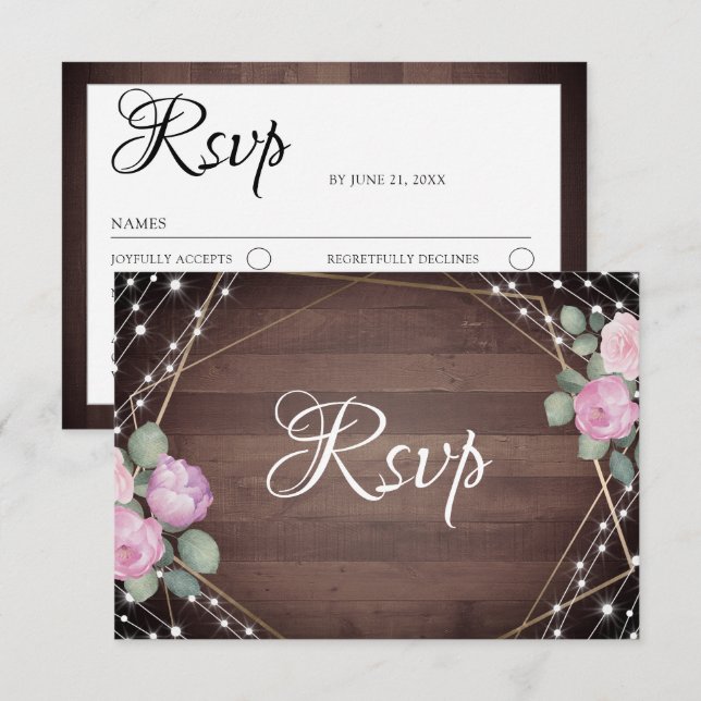 Rustic String Lights Wood & Floral RSVP Wedding  OSA Kort (Fram/baksida)