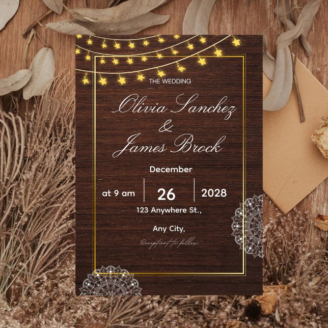 Rustic String Lights Wood Wedding Invitation, Boho Inbjudningar (Skapare uppladdad)