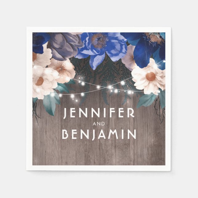 Rustic String Ljus Blommigt Navy och Royal Blue Pappersservett (Framsidan)