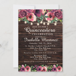 Rustic String Ljus Burgundy Blommigt Quinceañera Inbjudningar