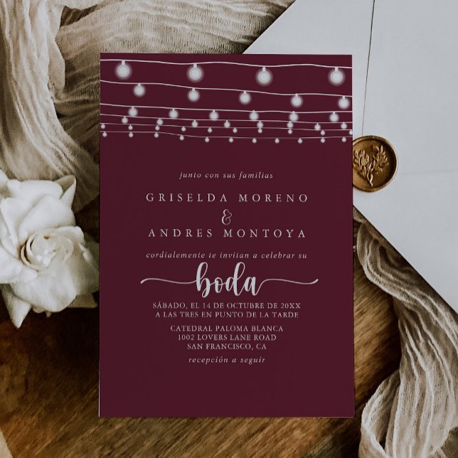 Rustic String Ljus Burgundy Spanska Bröllop Inbjudningar (Skapare uppladdad)