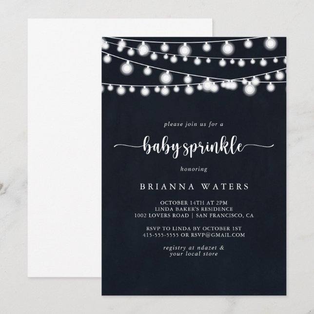 Rustic String Ljus Calligraphy Baby Sprinkle Inbjudningar (Fram/baksida)