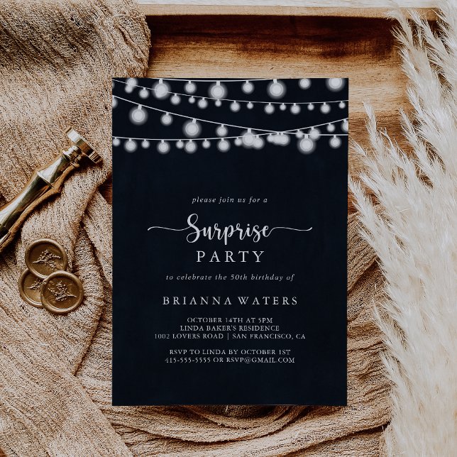 Rustic String Ljus Calligraphy Surprise Party Inbjudningar (Skapare uppladdad)