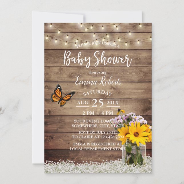 Rustic String Ljus Daisy Blommigt Burk Baby Shower Inbjudningar (Framsida)