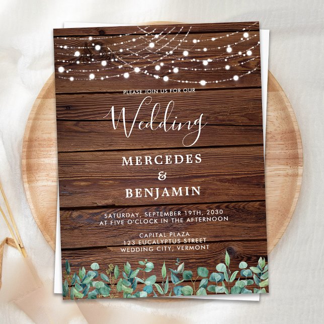 Rustic String Ljus Eucalyptus County Wedding Vykort (Skapare uppladdad)